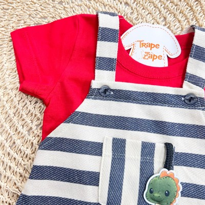Conj. Camiseta Manga Curta e Jardineira Listrada com Bebê Dino - Vermelho e Marinho